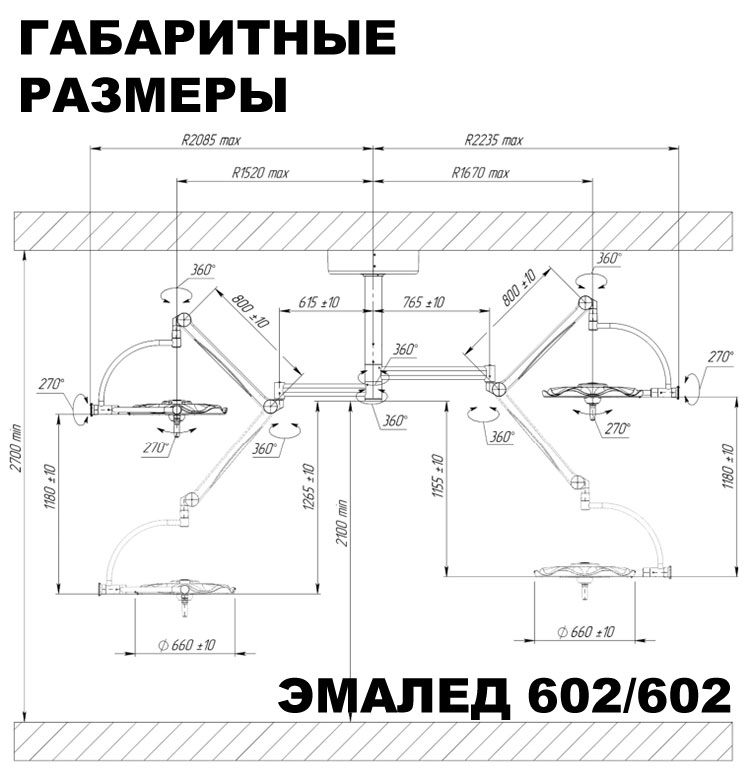 Светильник хирургический потолочный двухблочный «ЭМАЛЕД 602/602» - Габаритные размеры