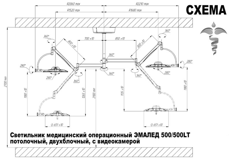 Светильник медицинский операционный ЭМАЛЕД 500/500LT потолочный, двухблочный, с видеокамерой - Схема